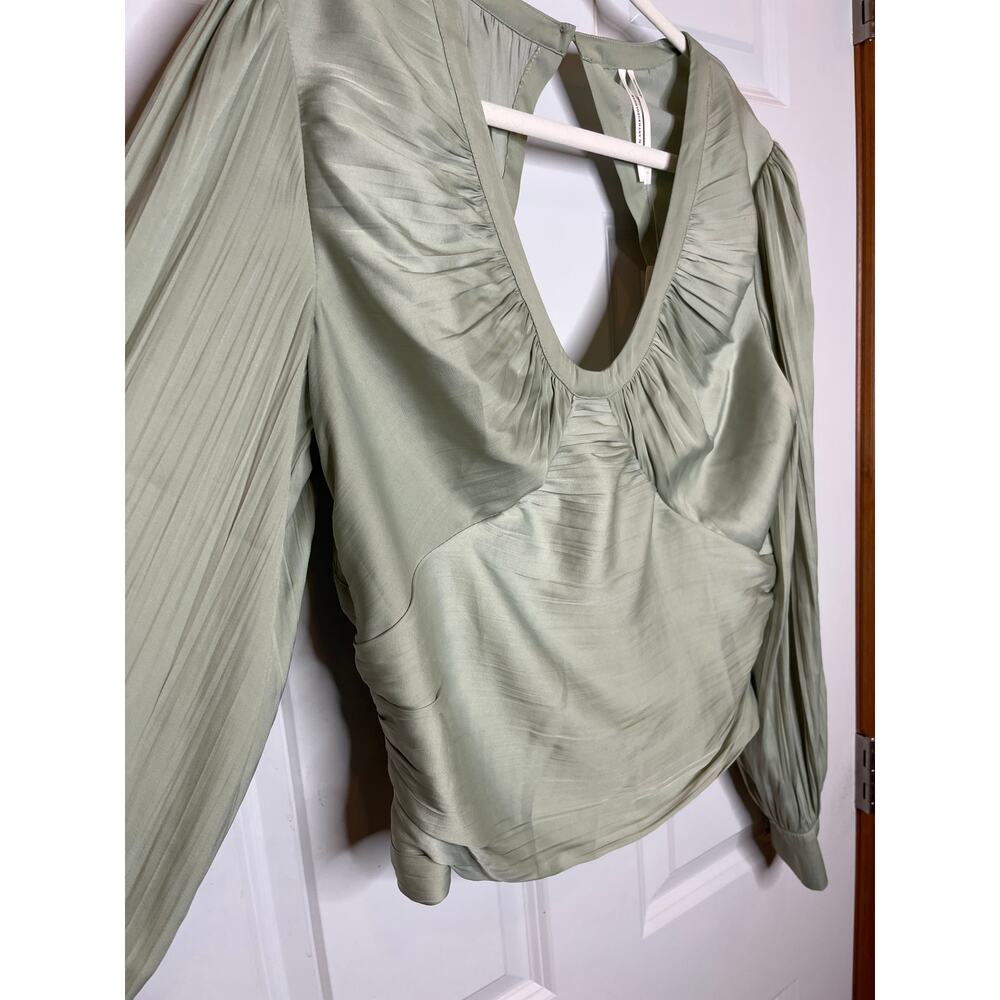 Anthropologie NEW Large Blouson Sleeve Satin Open‎ Back Blouse Mint Green V Neck - Picture 5 of 12